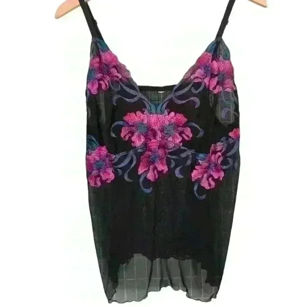 Embroidered Sheer Floral Strap Top. Adjustable strap